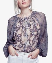 Free People  Hendrix Printed Peasant Top Womens Size Small Brown Navy Cream