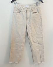 Zara High Rise Straight Leg Jeans Raw Hem Button Fly Size 6 Cream Color Cotton