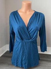Loveappella Blue V-Neck Top XS Long Sleeve Faux Wrap New K2