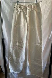 Pleated Wide Leg Frayed Cuff White Jeans Size 4