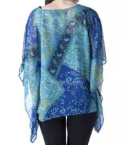 Susan Graver Poncho Cover Up Blouse Sz S Paisley Blue Green Sheer Chiffon Beach