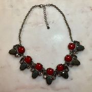 | Antique Gold Tone Red and Gray Statement Necklace