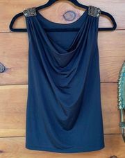 Carmen Marc Valvo Women’s Blue Beaded Sleeveless Cowl Neck Pullover Top Size S