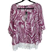 Unique Spectrum Pink & White Printed Lace Hem Dolman Sleeve Blouse Size 3X NWT