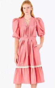 NEW Hunter Bell Dress Puff Sleeve Lace Trim Bowen Quilted Pink Midi Dress Sz XS