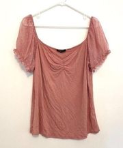 NEW AMBIANCE Plus Size Mauve Pink Short Mesh Swiss Dot Puff Sleeve Blouse JRS ?