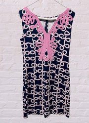 Crown & Ivy Navy Pink and White Rope Dress embroidered neckline sleeveless SP