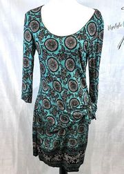 Max Edition long sleeve aqua and black medallion print tie side dress size LP