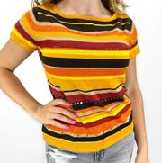 90s JOHN PAUL RICHARD Vintage Orange Striped Sequin Beaded Knit Top