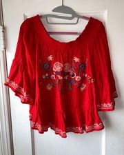 Xhileration Red Floral Embroidered Shirt