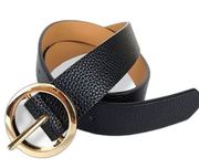 Steve Madden Black Faux Leather Dress Belt Gold Color Buckle 38 inches Length
