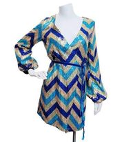 Fashion Nova Y2K Blue Green Small SEQUINS Gold Blue Wrap Mini Chevron Bishop Sleeve dress