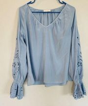 Ramy Brook Blue Blouse Size S Long Sleeve Crochet Floral V-Neck