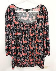 East 5th Blouse Cherry Print Square Neck Ruched 3/4 Sleeve Top Sz 3X EUC