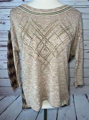 Miss Me Knit Sweater Western Medium Beige Sequin Metallic Cowgirl Studded