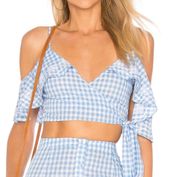 NTW  Gingham Cropped Cold Shoulder Wrap Top