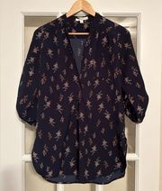 Fun2Fun (Stitch Fix) women’s sheer floral blouse navy 3/4 roll tab sleeve size M