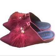 TIBI BURGUNDY FEATHER MULES