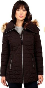 Andrew Marc Tobi Quilted Coat Jacket with Faux Fur Removable Hood in Black, Lg