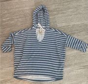 Chaser Blue Striped Oversized Hooded Short Sleeve Sweatshirt Lounge Top Size XS