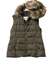 Lucky Brand Puffer Vest‎ Zip Up Green Brown Winter Womens Size Medium Fur Wool