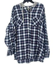 Natural Reflections Flannel Shirt Shacket Blue Plaid Hooded Lightweight Size XXL