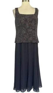 Alex Evenings Women's Cocktail Dress Size 14 Gray Chiffon Sleeveless A-Line Midi