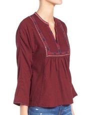 Madewell Maroon Embroidered V Neck Long Sleeve Top