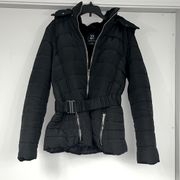 New York & Company Black Puffer Belted Jacket Detachable Hood Size Small