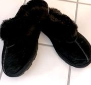 Genuine Black Leather with Faux Fur Lined Shoe/Slipper