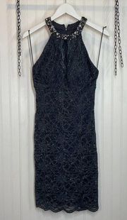 Morgan & Co. Women Gray Sequin Lace Halter Bodycon Cocktail Dress Size 10