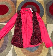 NWT New York & Company Light Red Black Lace Button Down Long Sleeve Shirt Medium