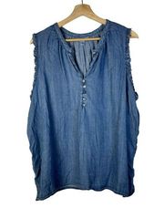 Time & Tru Blue Chambray Henley Ruffle Sleeve Blouse XXL