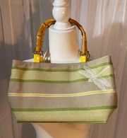 Paulette Fabric Purse Handbag Green Tan Yellow w/ Dragonfly NWOT
