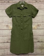 J Crew Drapey Oxford Utility Shirt Dress Short Sleeve Size 0 Army Green