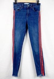 ZARA  BASIC Light Wash Distressed Red Stripe Jeans in Size 2