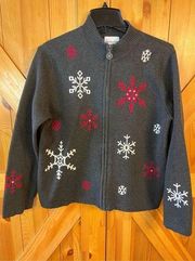 Breckenridge Petite Gray Full Zip Winter Sweater Snowflakes Women's Size PXL (30