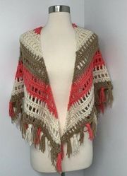Vintage Boho Handmade Womens Crochet Triangle Shawl Wrap Tan Coral Ivory Fringe