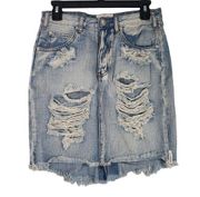 One Teaspoon Distressed Jean Skirt Womens 28 Slit Back Pockets Raw Hem