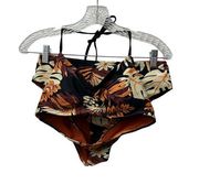 Cupshe  Two Piece Swimsuit Orange Blue Leaves Print Size Medium New