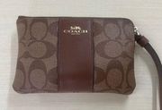 Coach Wristlet Purse Brown Leather Logo Zipper Handle Strap Small Coin