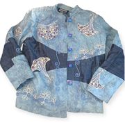 INDIGO MOON Artisan Blue/ Gray Multicolored Embroidered Jacket Boho L
