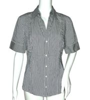 Anne Klein Women’s Button Up Blouse White Black Striped Short Sleeve