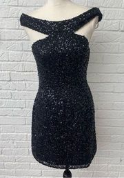 Scala Black Sequins Off the Shoulder Silk Mini Cocktail Dress