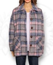 Cyrus Faux Fur Fuzzy Plaid Button Front Jacket Shacket Pink Gray & Blue Size S