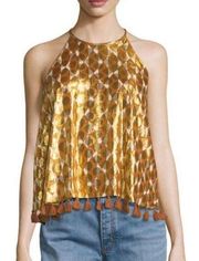 Tory Burch Danielle Sleeveless Metallic Tile Printed Top Pompom Hem Size 12