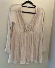 She & Sky bohemian style blouse opaque with long sleeves light mauve / light tan