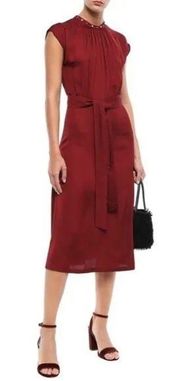 Sandro NWT Conique Belted Jewel Neckline Satin Midi Dress Red Claret US Size 8