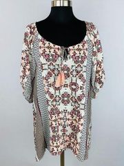 One World Bohemian Print  Blouse Tassel Keyhole Top L