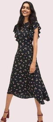 Kate Spade NWOT 4 Black Floral Midi Flutter Short Sleeve Ditsy Begonia Dress